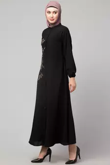 Black Matt Nida Front Open one side Thread embroidery  Casual Abaya