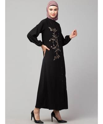 Black Matt Nida Front Open one side Thread embroidery  Casual Abaya 4