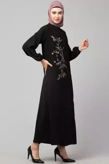 Black Matt Nida Front Open one side Thread embroidery  Casual Abaya