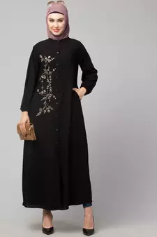 Black Matt Nida Front Open one side Thread embroidery  Casual Abaya