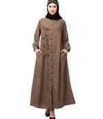 Khaki  Beige Matt Nida Front Open one side Thread embroidery  Casual Abaya