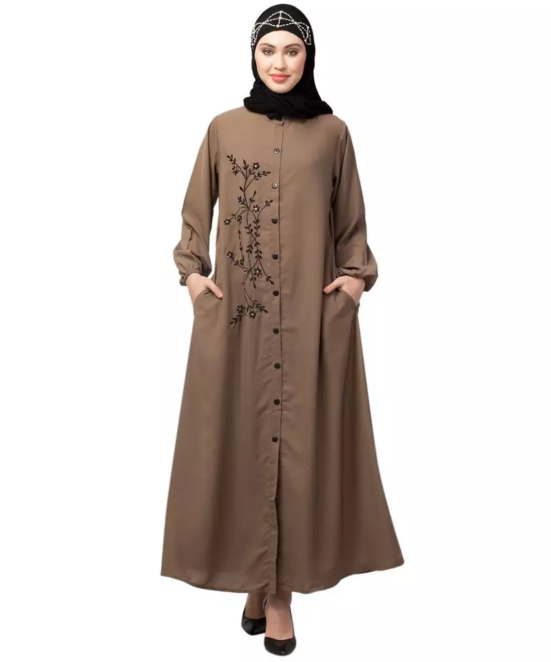 Khaki  Beige Matt Nida Front Open one side Thread embroidery  Casual Abaya