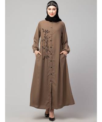 Khaki  Beige Matt Nida Front Open one side Thread embroidery  Casual Abaya 2