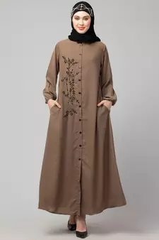 Khaki  Beige Matt Nida Front Open one side Thread embroidery  Casual Abaya