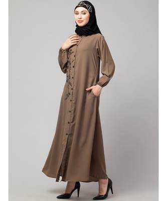 Khaki  Beige Matt Nida Front Open one side Thread embroidery  Casual Abaya 3