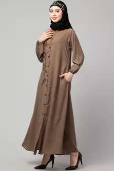 Khaki  Beige Matt Nida Front Open one side Thread embroidery  Casual Abaya