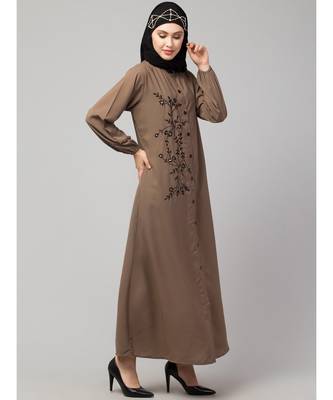 Khaki  Beige Matt Nida Front Open one side Thread embroidery  Casual Abaya 4