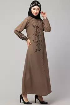 Khaki  Beige Matt Nida Front Open one side Thread embroidery  Casual Abaya