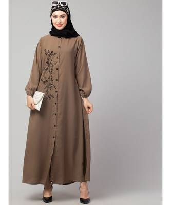 Khaki  Beige Matt Nida Front Open one side Thread embroidery  Casual Abaya 6