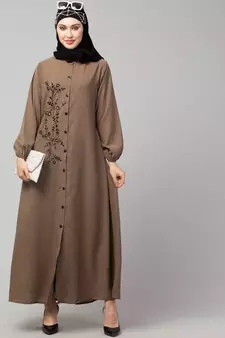 Khaki  Beige Matt Nida Front Open one side Thread embroidery  Casual Abaya