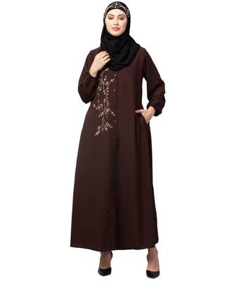 Brown Matt Nida Front Open one side Thread embroidery  Casual Abaya 1