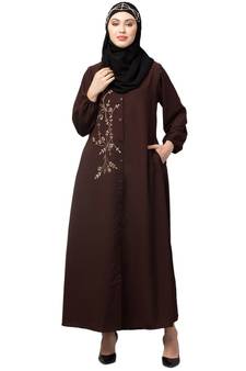 Brown Matt Nida Front Open one side Thread embroidery  Casual Abaya