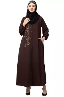 Brown Matt Nida Front Open one side Thread embroidery  Casual Abaya