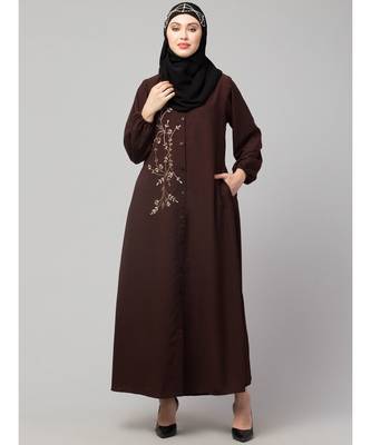 Brown Matt Nida Front Open one side Thread embroidery  Casual Abaya 2