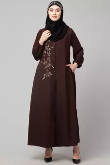 Brown Matt Nida Front Open one side Thread embroidery  Casual Abaya