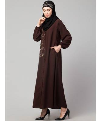 Brown Matt Nida Front Open one side Thread embroidery  Casual Abaya 3