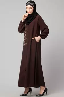 Brown Matt Nida Front Open one side Thread embroidery  Casual Abaya