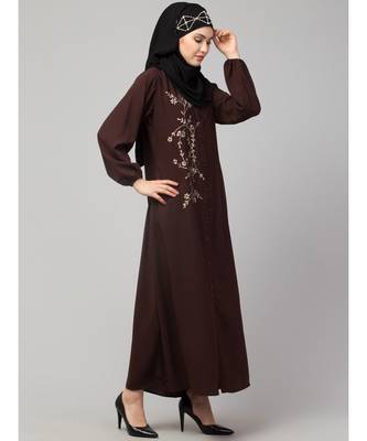 Brown Matt Nida Front Open one side Thread embroidery  Casual Abaya 4