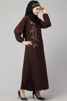 Brown Matt Nida Front Open one side Thread embroidery  Casual Abaya