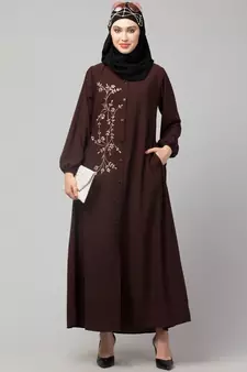Brown Matt Nida Front Open one side Thread embroidery  Casual Abaya