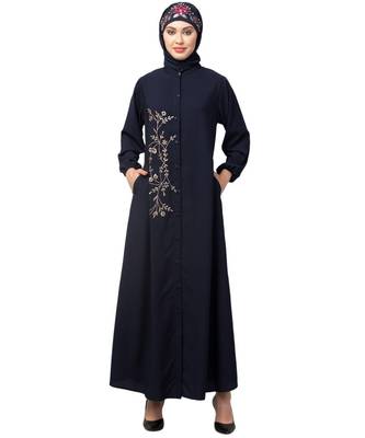 Navy Blue Matt Nida Front Open one side Thread embroidery  Casual Abaya 1