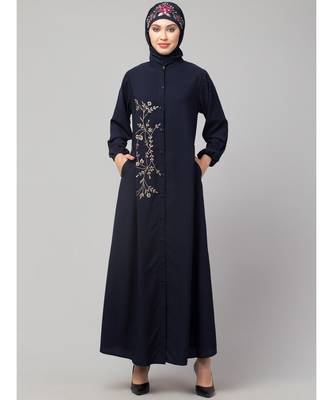 Navy Blue Matt Nida Front Open one side Thread embroidery  Casual Abaya 2