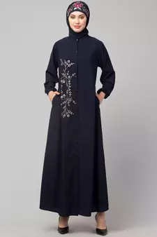 Navy Blue Matt Nida Front Open one side Thread embroidery  Casual Abaya