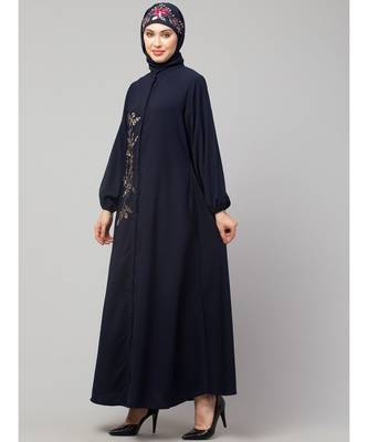 Navy Blue Matt Nida Front Open one side Thread embroidery  Casual Abaya 3