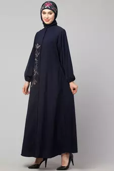 Navy Blue Matt Nida Front Open one side Thread embroidery  Casual Abaya