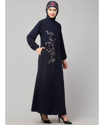 Navy Blue Matt Nida Front Open one side Thread embroidery  Casual Abaya 4