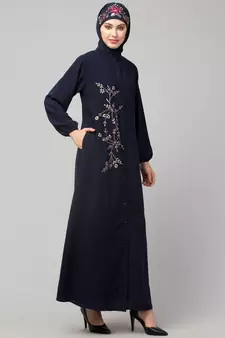 Navy Blue Matt Nida Front Open one side Thread embroidery  Casual Abaya