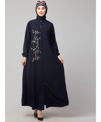 Navy Blue Matt Nida Front Open one side Thread embroidery  Casual Abaya 6