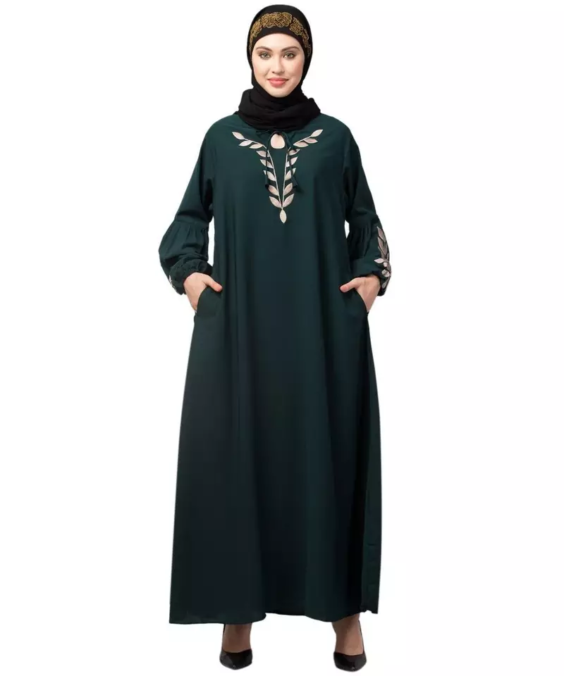 Bottle Green Matt Nida Front and Sleeve Resham Embroidery Balloon Sleeve Abaya