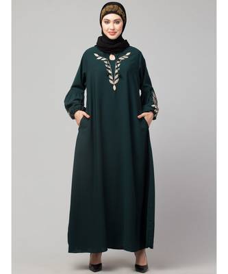 Bottle Green Matt Nida Front and Sleeve Resham Embroidery Balloon Sleeve Abaya 2