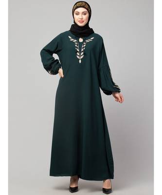 Bottle Green Matt Nida Front and Sleeve Resham Embroidery Balloon Sleeve Abaya 3