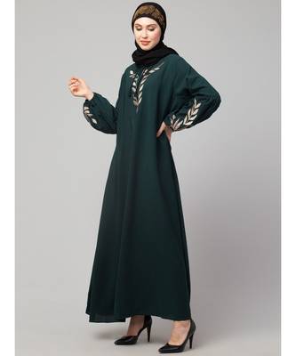 Bottle Green Matt Nida Front and Sleeve Resham Embroidery Balloon Sleeve Abaya 4