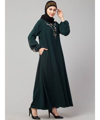 Bottle Green Matt Nida Front and Sleeve Resham Embroidery Balloon Sleeve Abaya 5