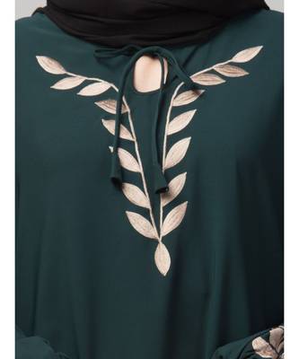 Bottle Green Matt Nida Front and Sleeve Resham Embroidery Balloon Sleeve Abaya 6