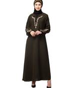 Olive Green Matt Nida Front and Sleeve Resham Embroidery Balloon Sleeve Abaya
