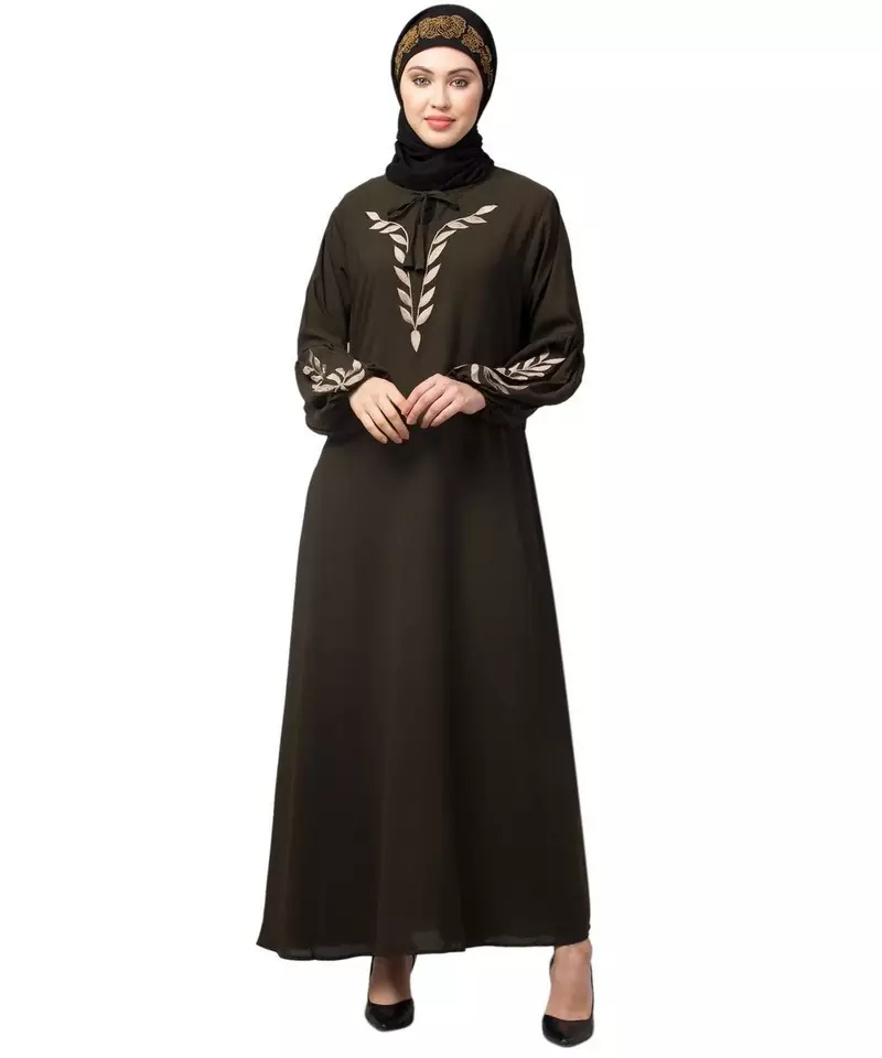 Olive Green Matt Nida Front and Sleeve Resham Embroidery Balloon Sleeve Abaya