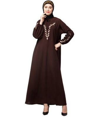 Brown Matt Nida Front and Sleeve Resham Embroidery Balloon Sleeve Abaya 1