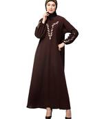 Brown Matt Nida Front and Sleeve Resham Embroidery Balloon Sleeve Abaya