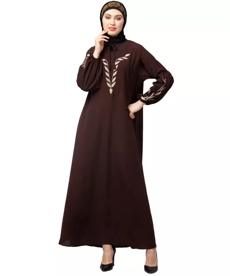 Brown Matt Nida Front and Sleeve Resham Embroidery Balloon Sleeve Abaya