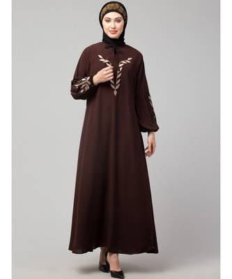 Brown Matt Nida Front and Sleeve Resham Embroidery Balloon Sleeve Abaya 2