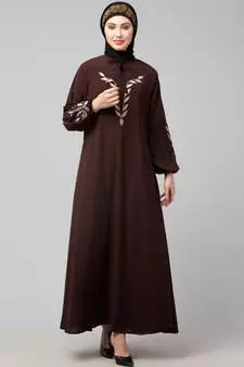 Brown Matt Nida Front and Sleeve Resham Embroidery Balloon Sleeve Abaya