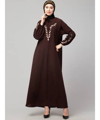 Brown Matt Nida Front and Sleeve Resham Embroidery Balloon Sleeve Abaya 3