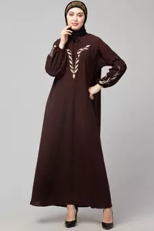 Brown Matt Nida Front and Sleeve Resham Embroidery Balloon Sleeve Abaya