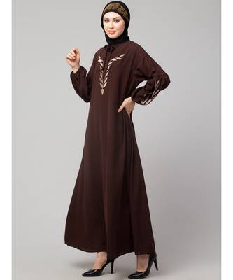Brown Matt Nida Front and Sleeve Resham Embroidery Balloon Sleeve Abaya 4