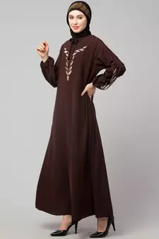 Brown Matt Nida Front and Sleeve Resham Embroidery Balloon Sleeve Abaya