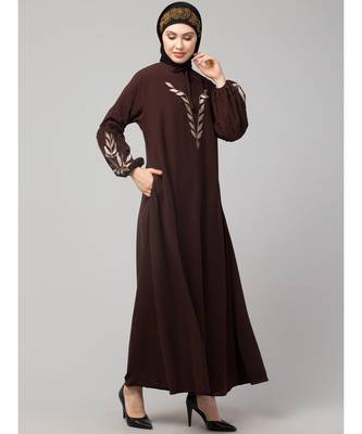 Brown Matt Nida Front and Sleeve Resham Embroidery Balloon Sleeve Abaya 5